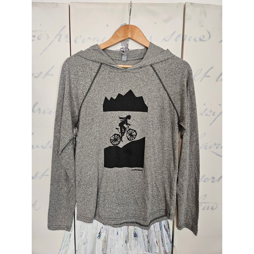 Marushka Womens Gray Bicycle Mountain Graphic Lightweight Hoodie S Hand Printed